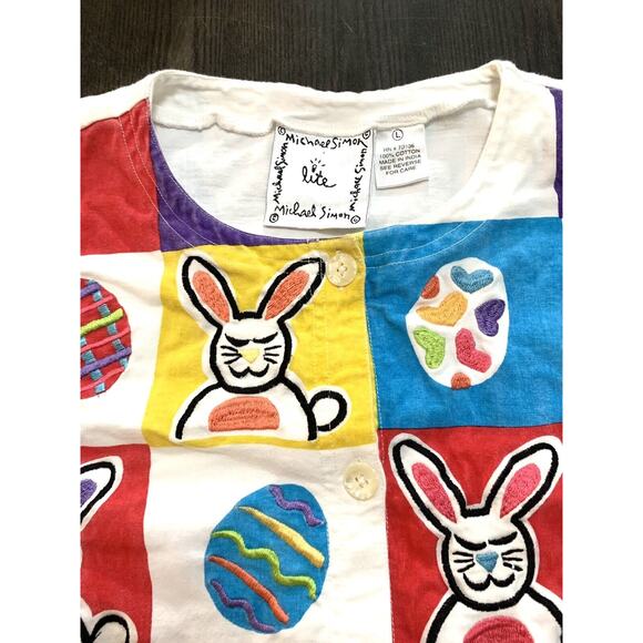 Vintage Michael Simon Easter Bunny Eggs Thin Cardigan White Sweater Large L - Picture 6 of 13